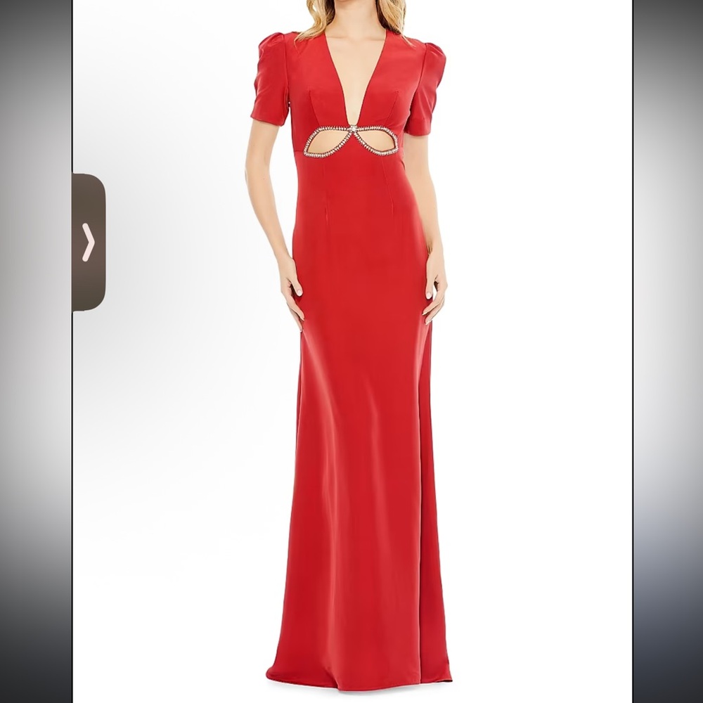 Mac Duggal Red 2630 V-Neck Embellished Cut Out Gown Dress Prom Cocktail